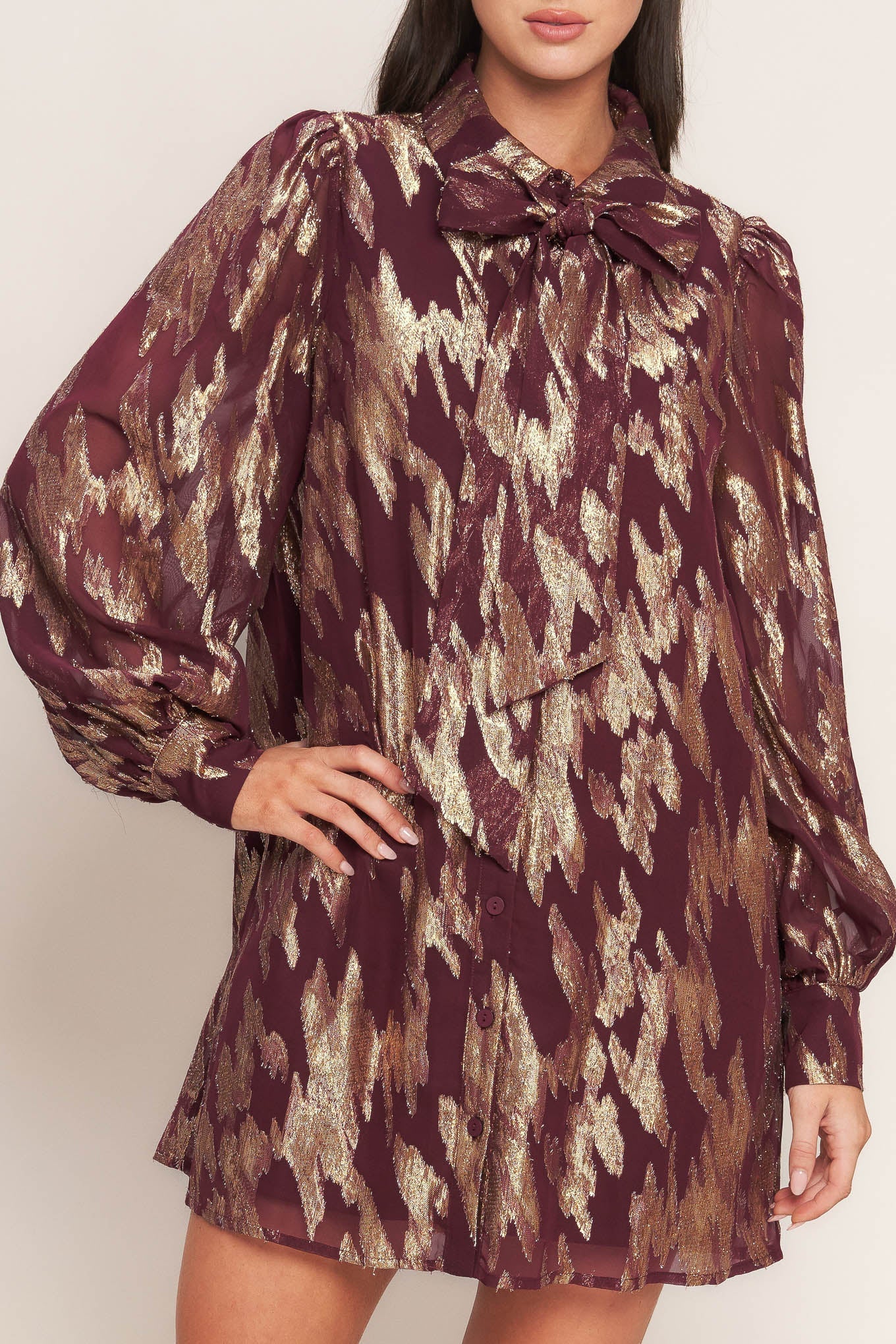 METALLIC MUSE BURGUNDY LONG SLEEVE MINI DRESS - FINAL SALE