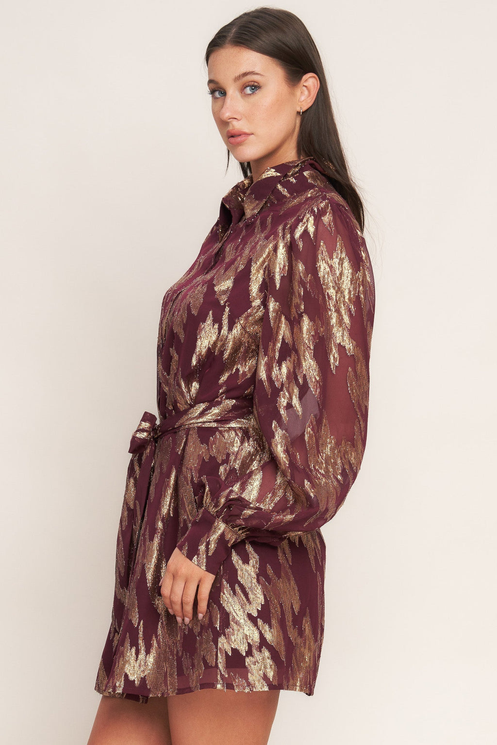 METALLIC MUSE BURGUNDY LONG SLEEVE MINI DRESS - FINAL SALE