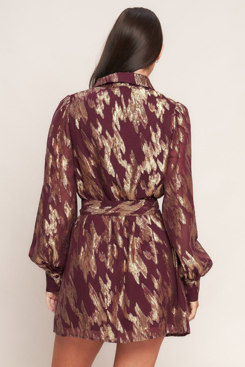 METALLIC MUSE BURGUNDY LONG SLEEVE MINI DRESS - FINAL SALE