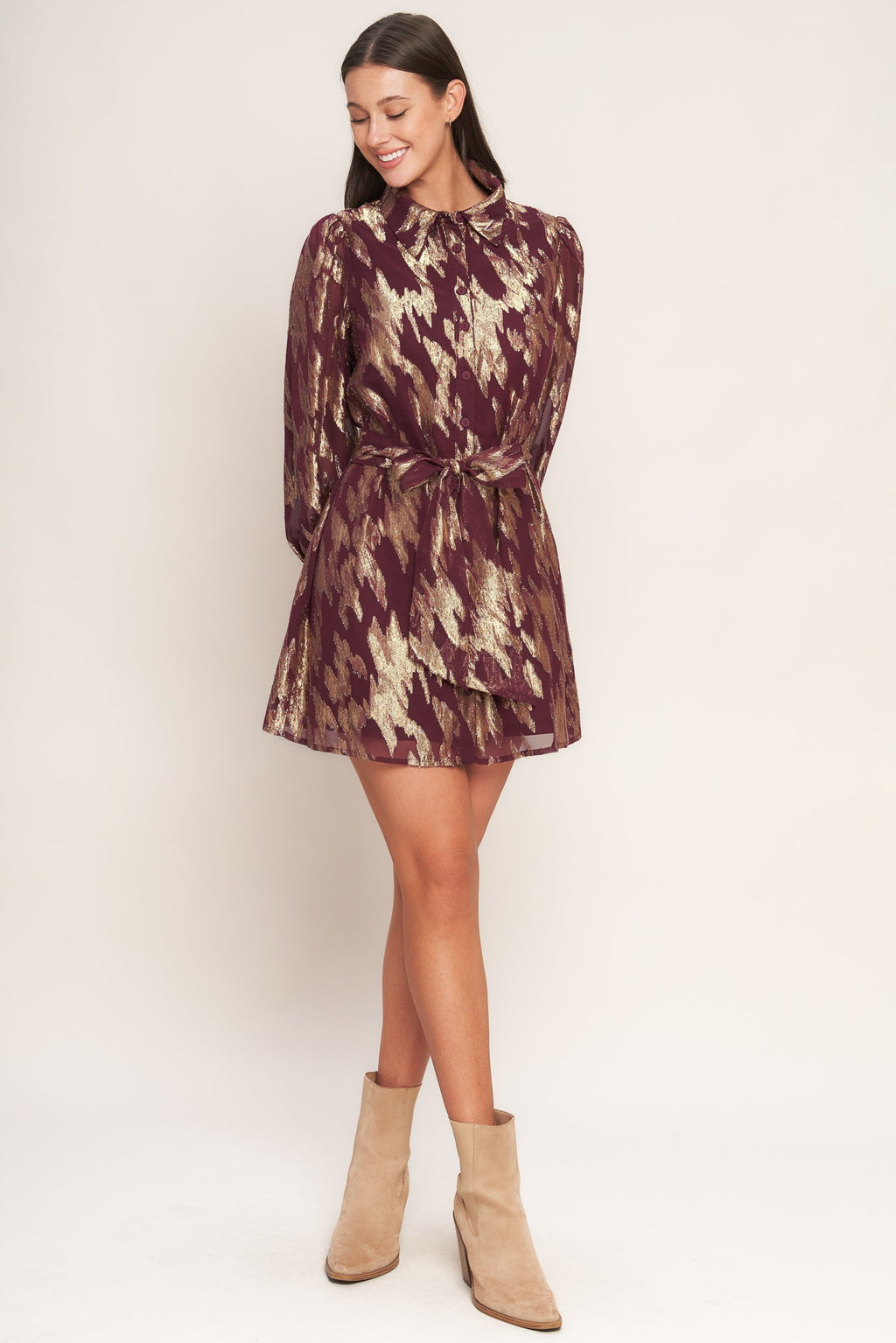 METALLIC MUSE BURGUNDY LONG SLEEVE MINI DRESS - FINAL SALE
