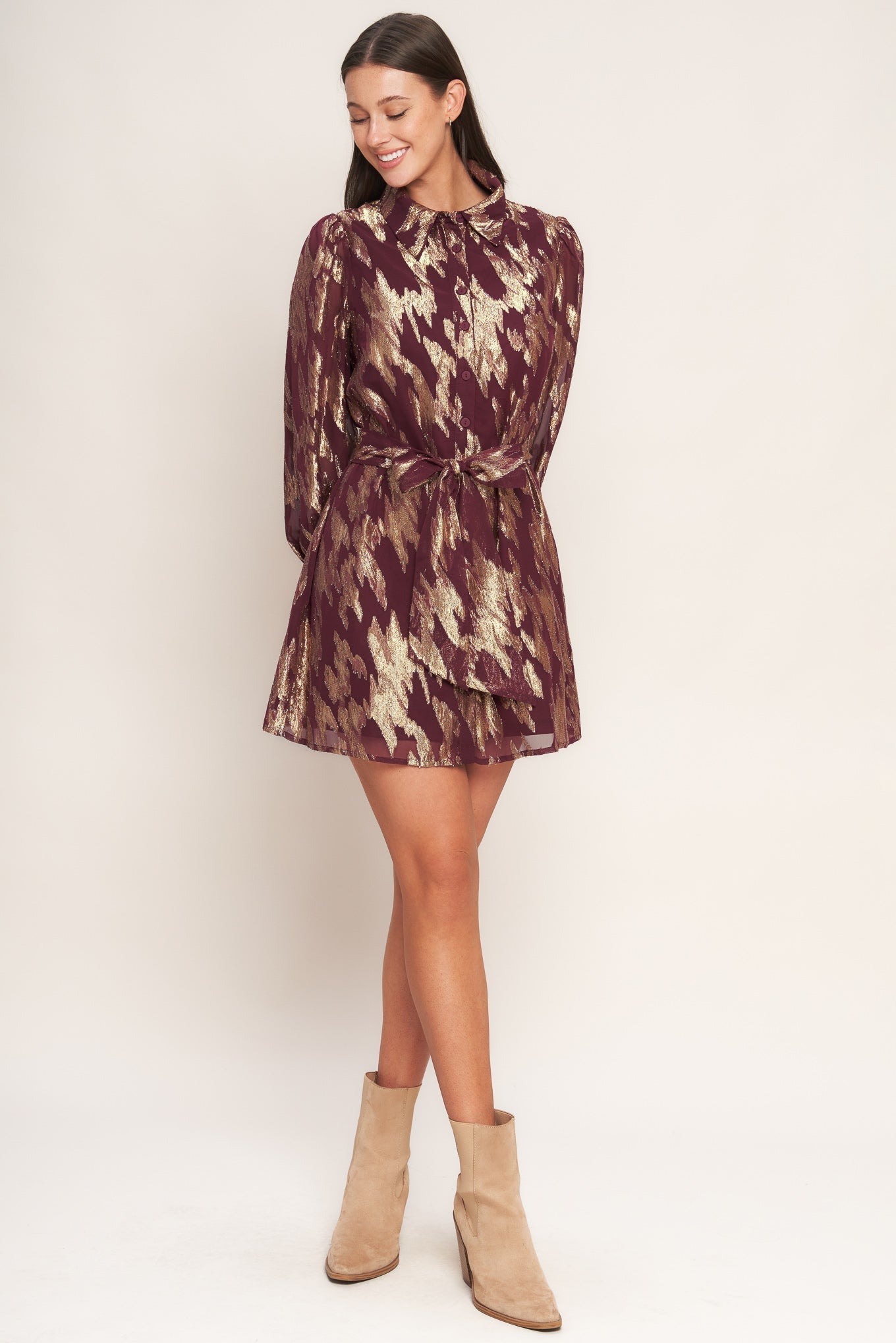 METALLIC MUSE BURGUNDY LONG SLEEVE MINI DRESS - FINAL SALE