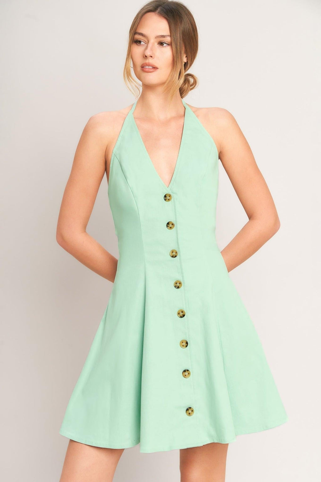 LOVELY CHARM MINT HALTER MINI DRESS