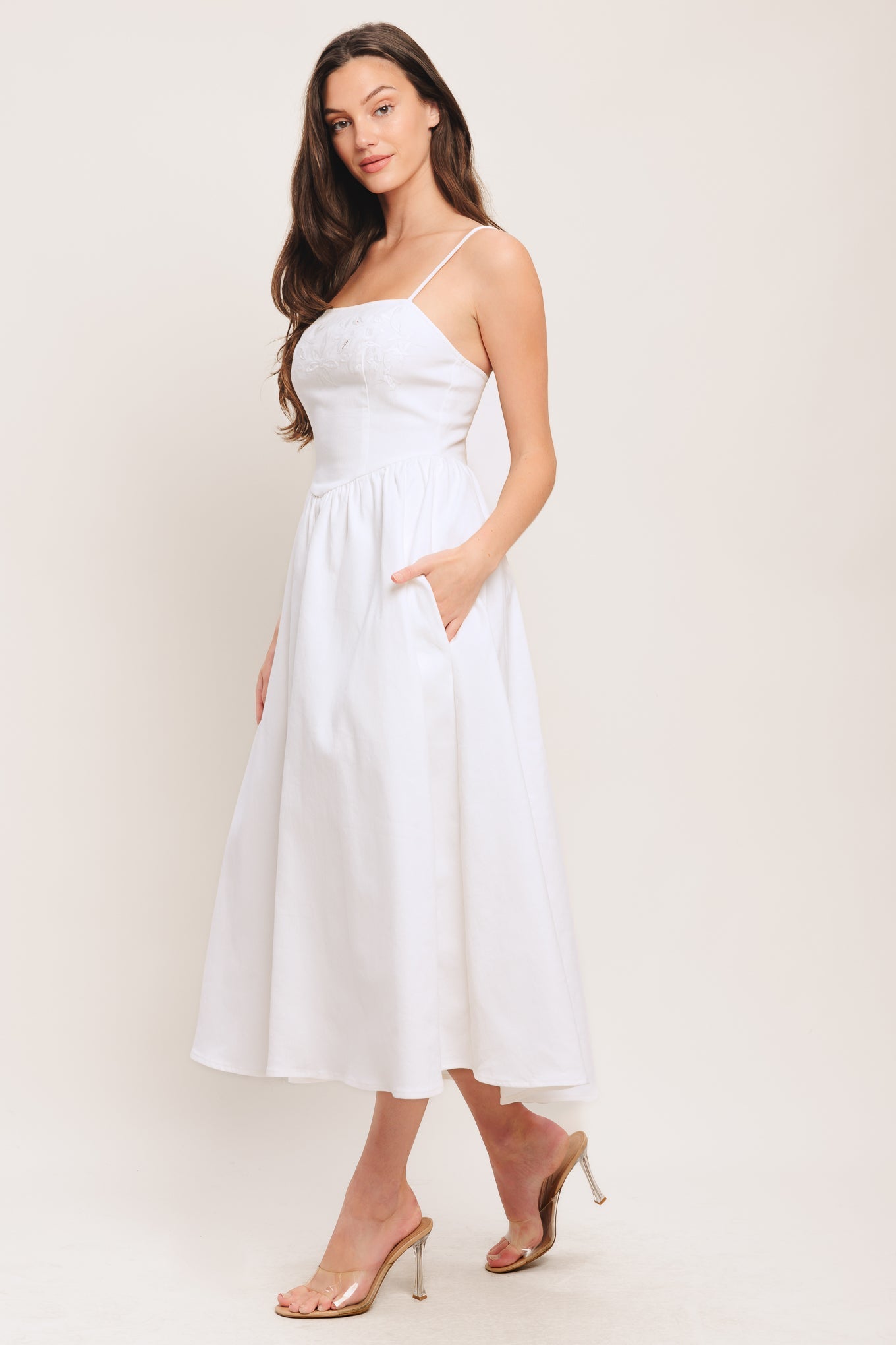 CLOUD PETAL WHITE DENIM MIDI DRESS- FINAL SALE