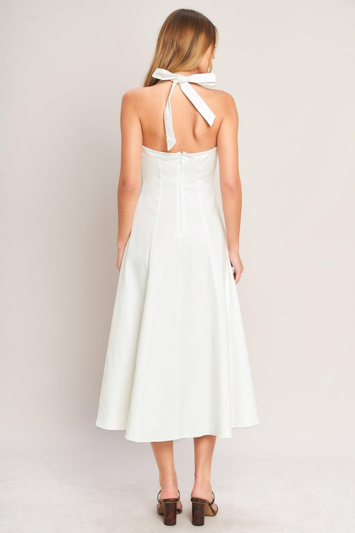 SERENE MOMENT WHITE HALTER MIDI DRESS