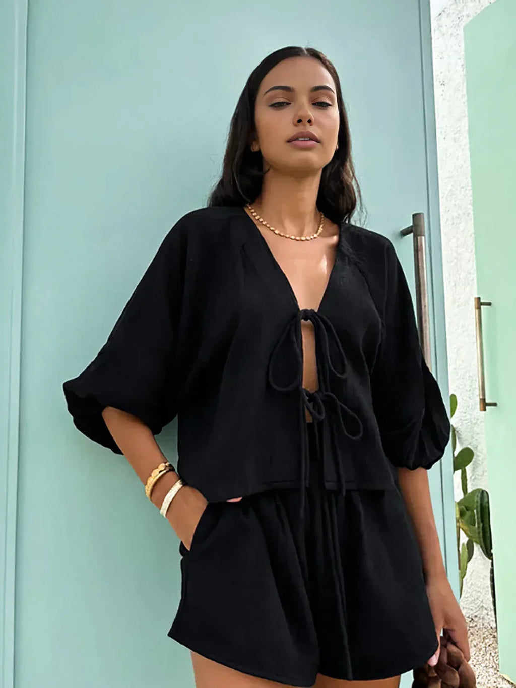 Cotton Tie-Front Long Sleeve Shorts Matching Set