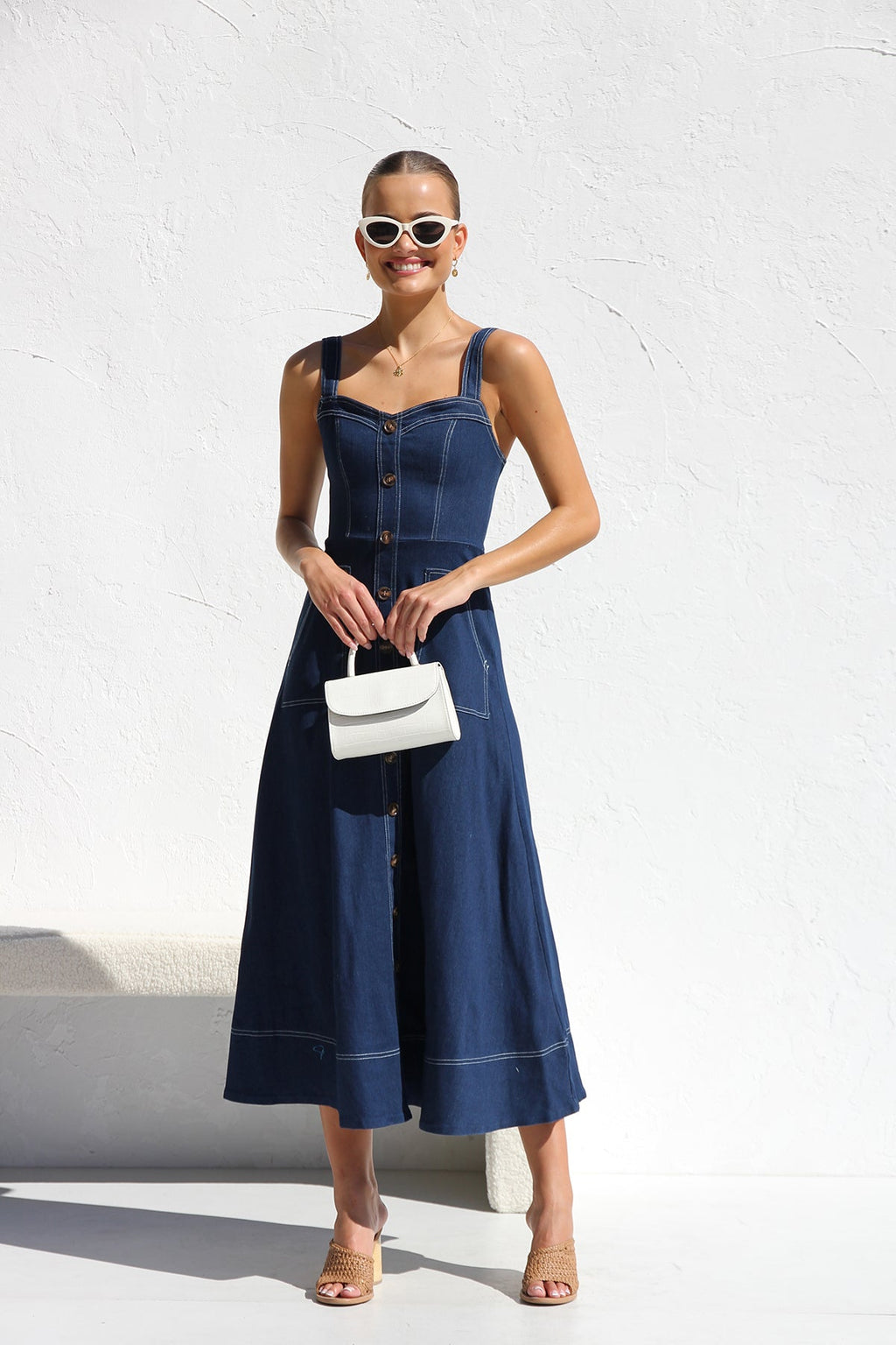 DENIM SUSPENDER CASUAL BUTTON MIDI DRESS