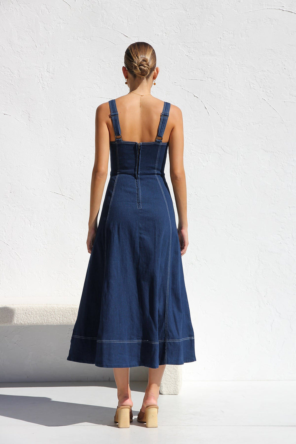 DENIM SUSPENDER CASUAL BUTTON MIDI DRESS