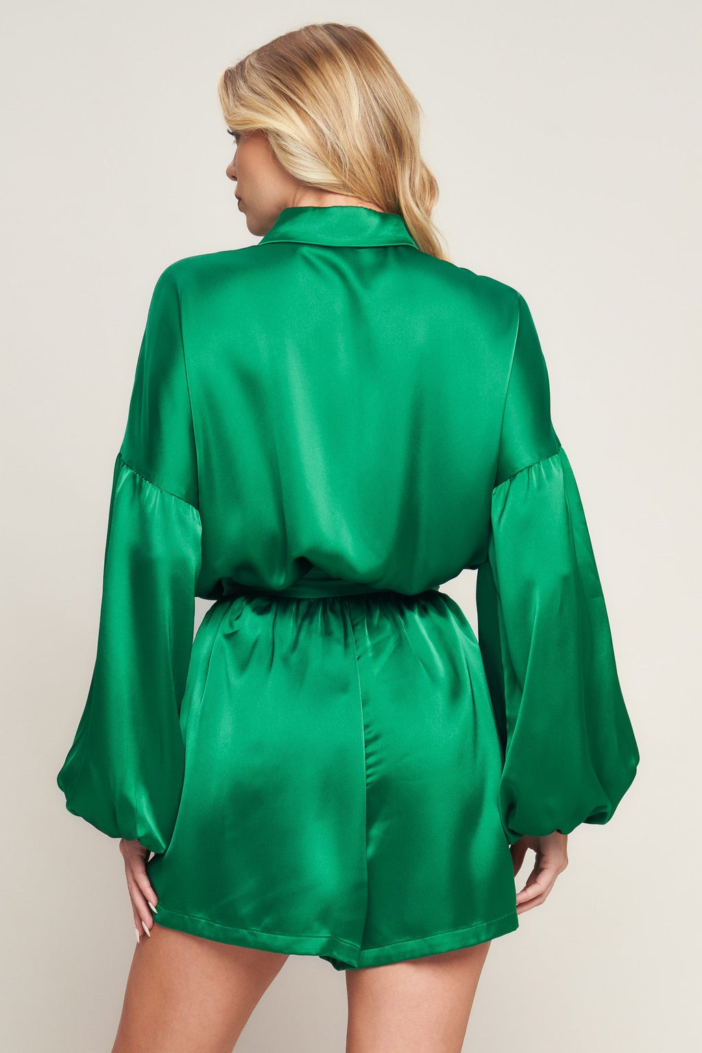 CELEBRATION TIME GREEN SATIN ROMPER WITH LONG SLEEVES - FINAL SALE