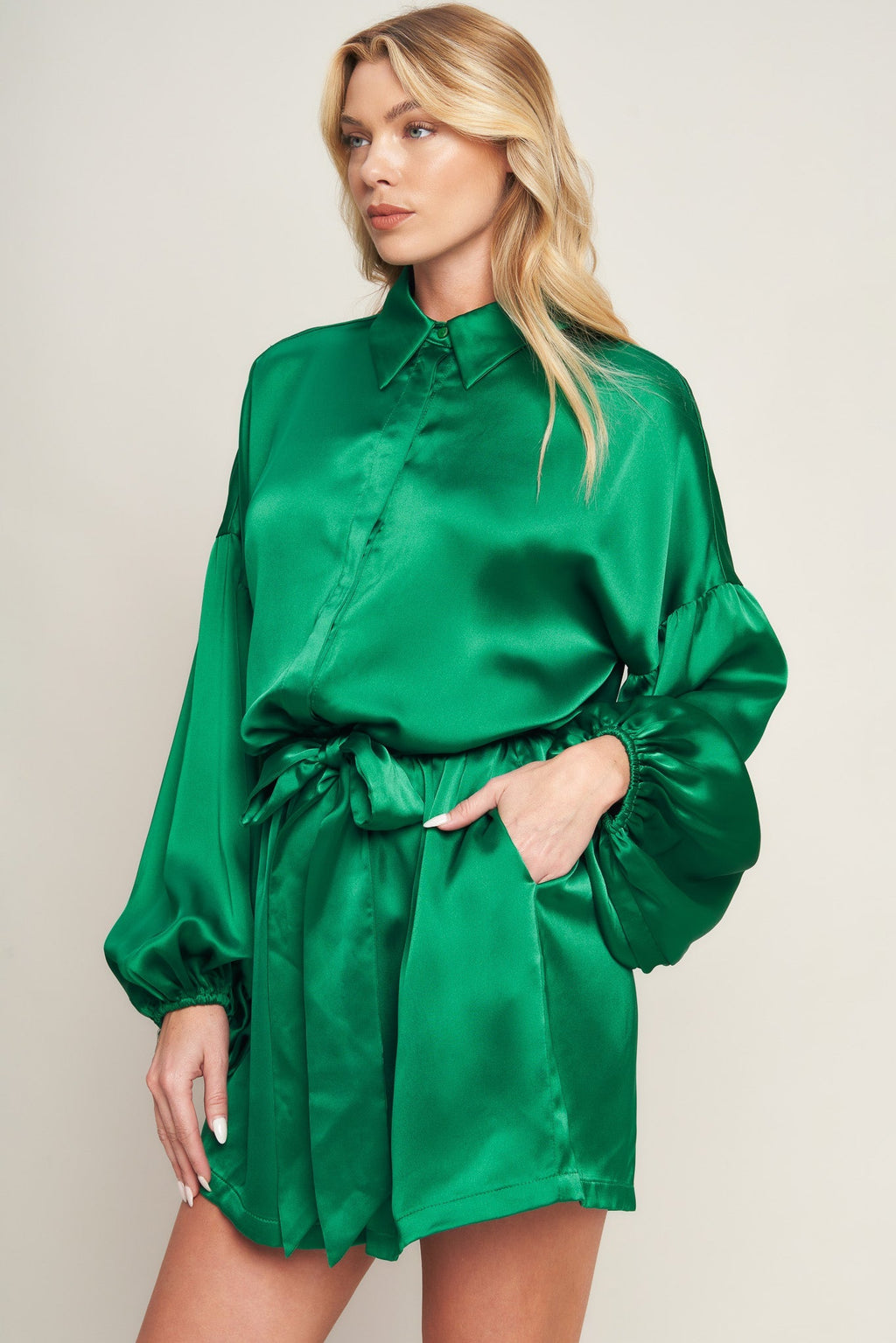 CELEBRATION TIME GREEN SATIN ROMPER WITH LONG SLEEVES - FINAL SALE