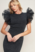VOLUMINOUS POWER METALLIC BLACK MIDI DRESS