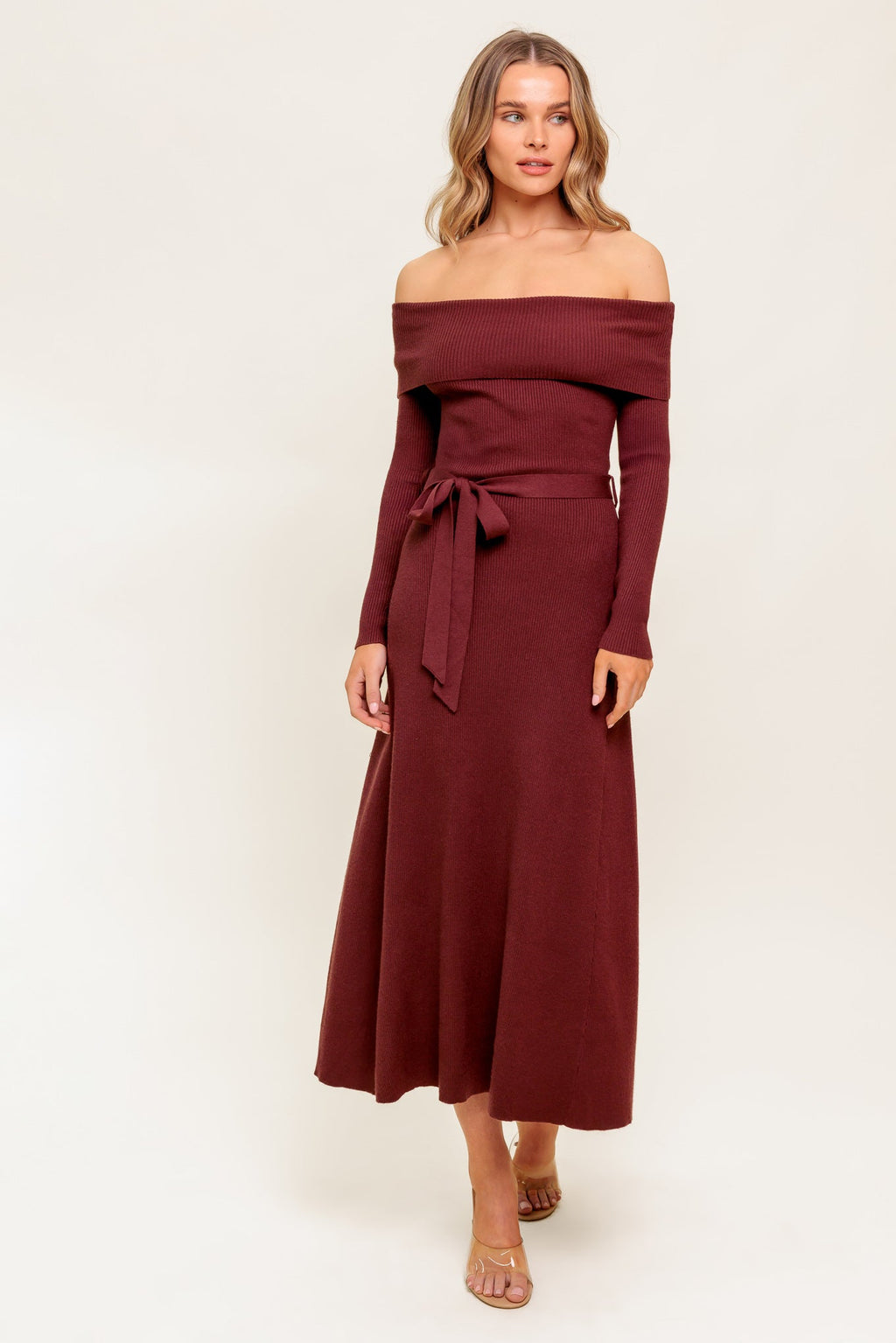 RUSTIC RETREAT - OFF THE SHOULDER SWEATER DRESS