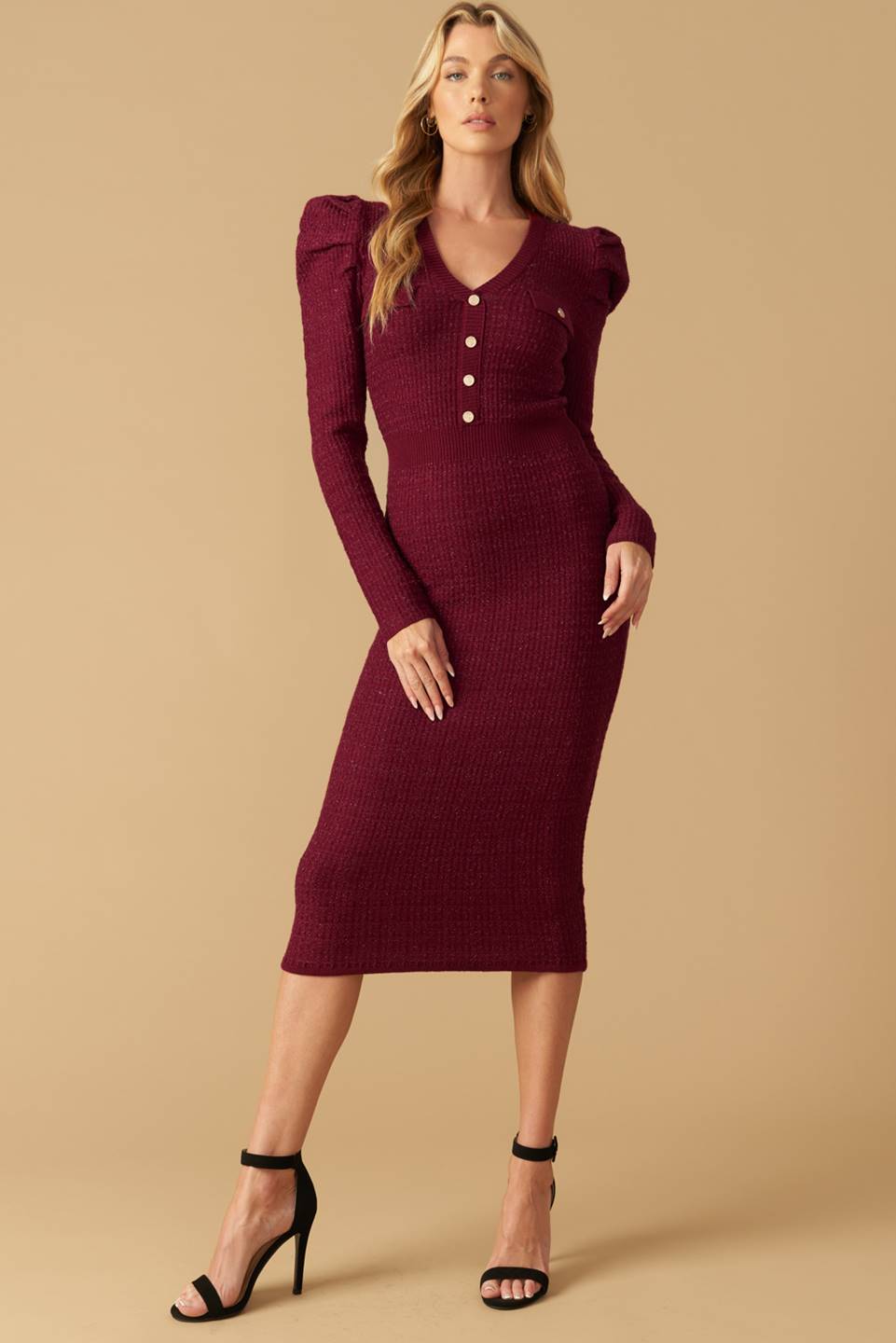 Size Small. YOUNG LOVE - BURGUNDY - PUFF SLEEVE SWEATER DRESS - FINAL SALE