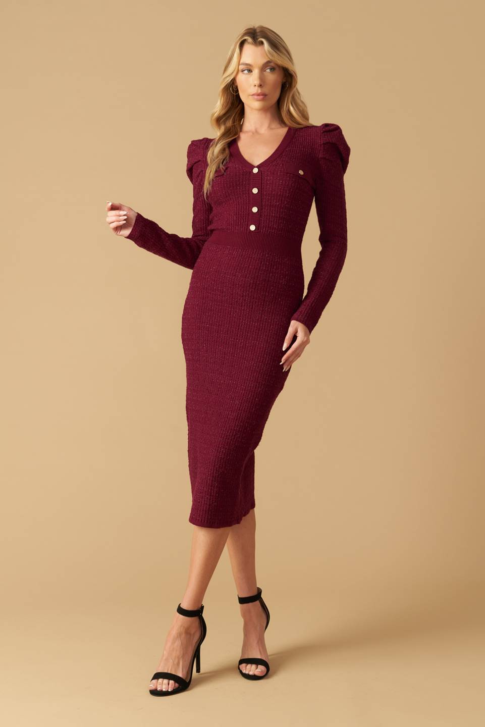Size Small. YOUNG LOVE - BURGUNDY - PUFF SLEEVE SWEATER DRESS - FINAL SALE