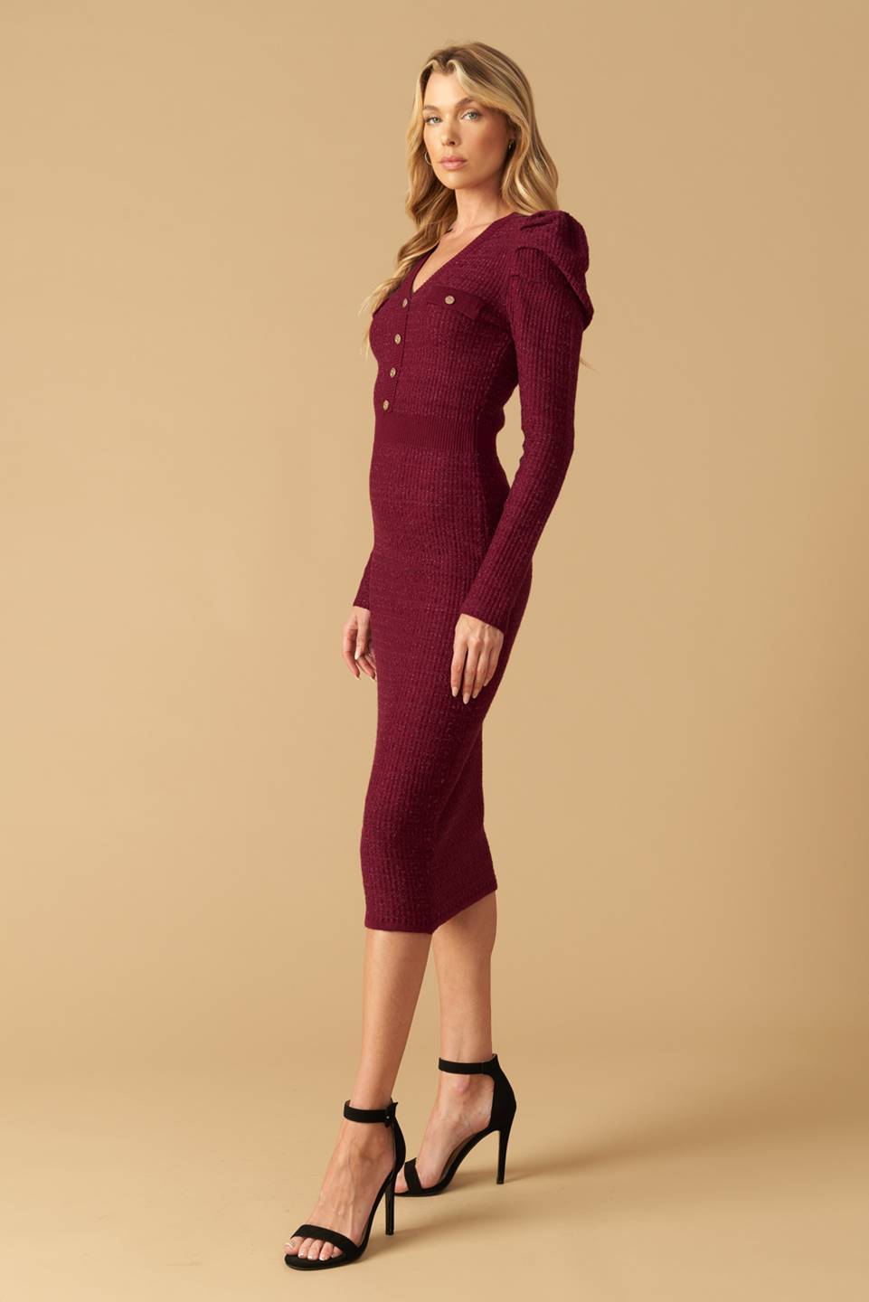 Size Small. YOUNG LOVE - BURGUNDY - PUFF SLEEVE SWEATER DRESS - FINAL SALE