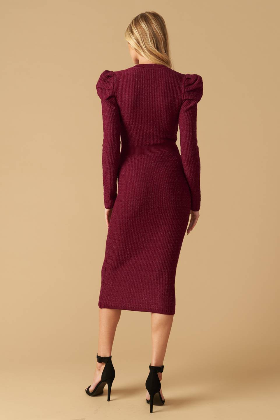 Size Small. YOUNG LOVE - BURGUNDY - PUFF SLEEVE SWEATER DRESS - FINAL SALE