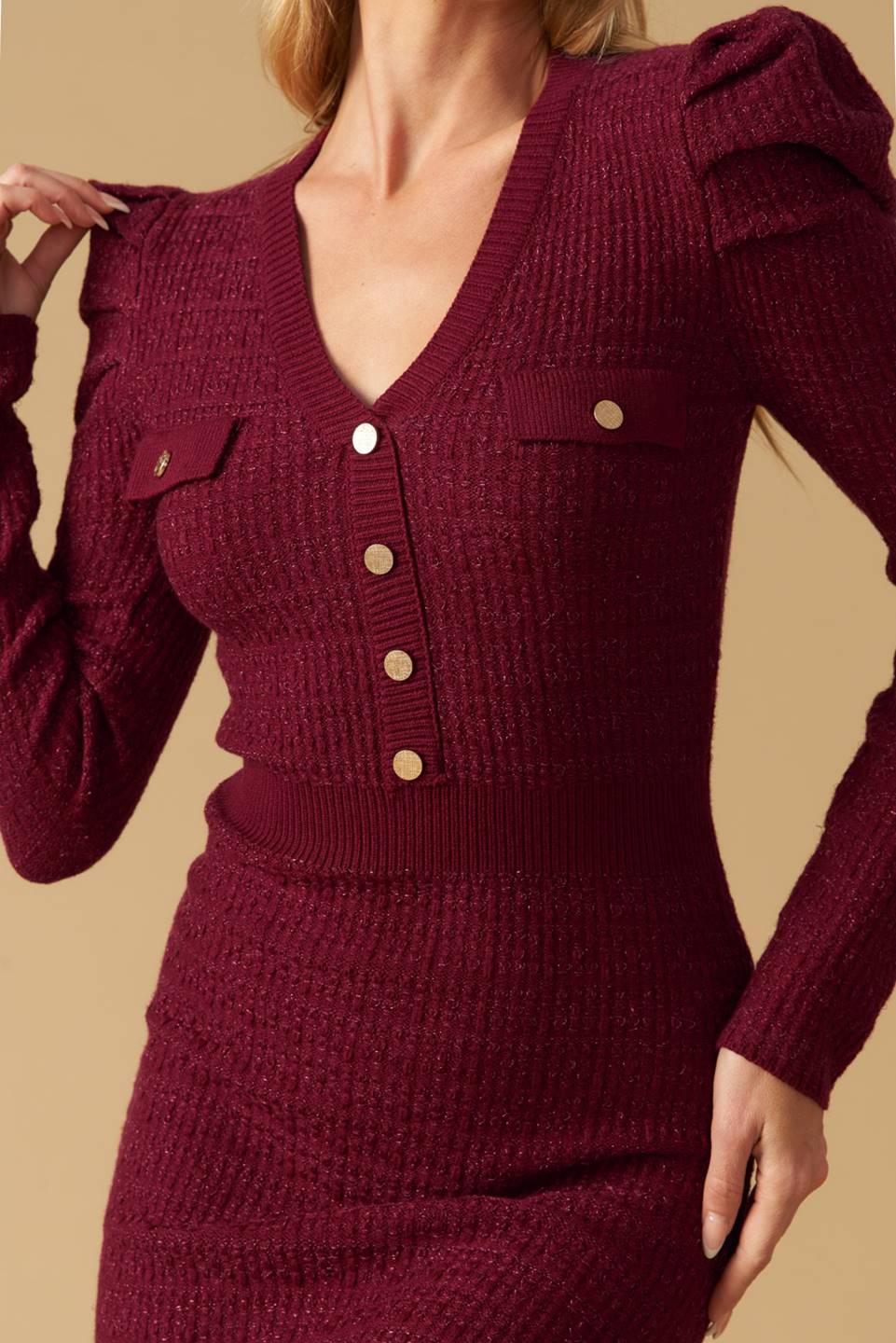 Size Small. YOUNG LOVE - BURGUNDY - PUFF SLEEVE SWEATER DRESS - FINAL SALE