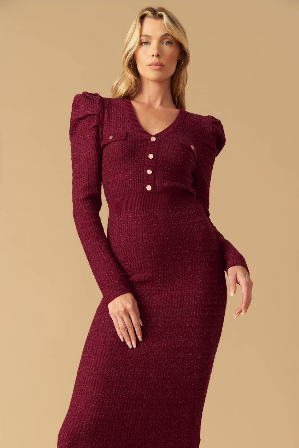 Size Small. YOUNG LOVE - BURGUNDY - PUFF SLEEVE SWEATER DRESS - FINAL SALE
