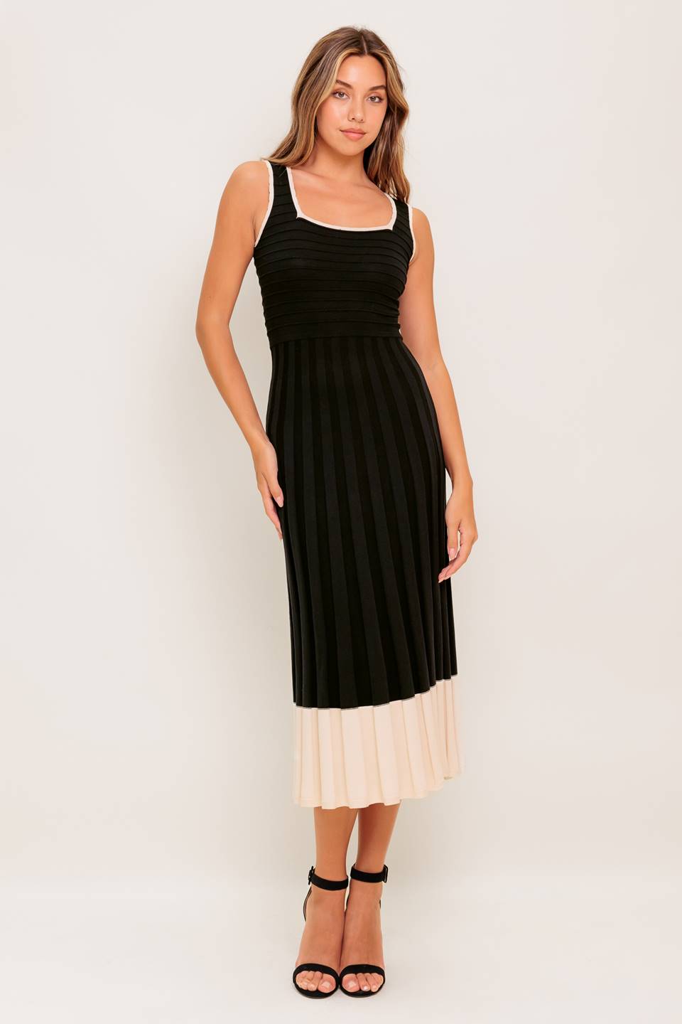 LAUREL BLACK & CREAM SWEATER MIDI DRESS