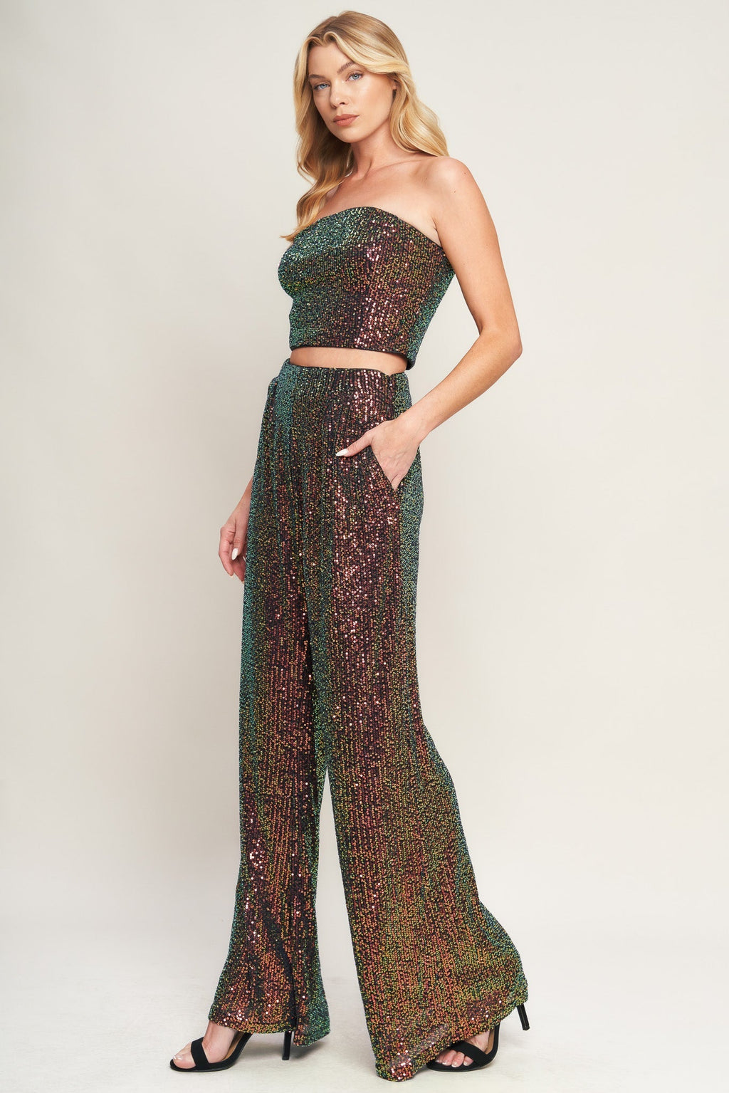 CHARMING COMPOSURE SEQUIN CROP TOP & PANT SET - FINAL SALE