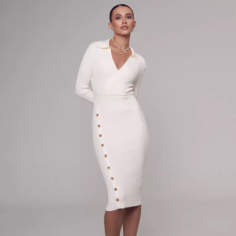 Inner Wear Sweater Knitted Dress  Elegant Polo Collar Hip for