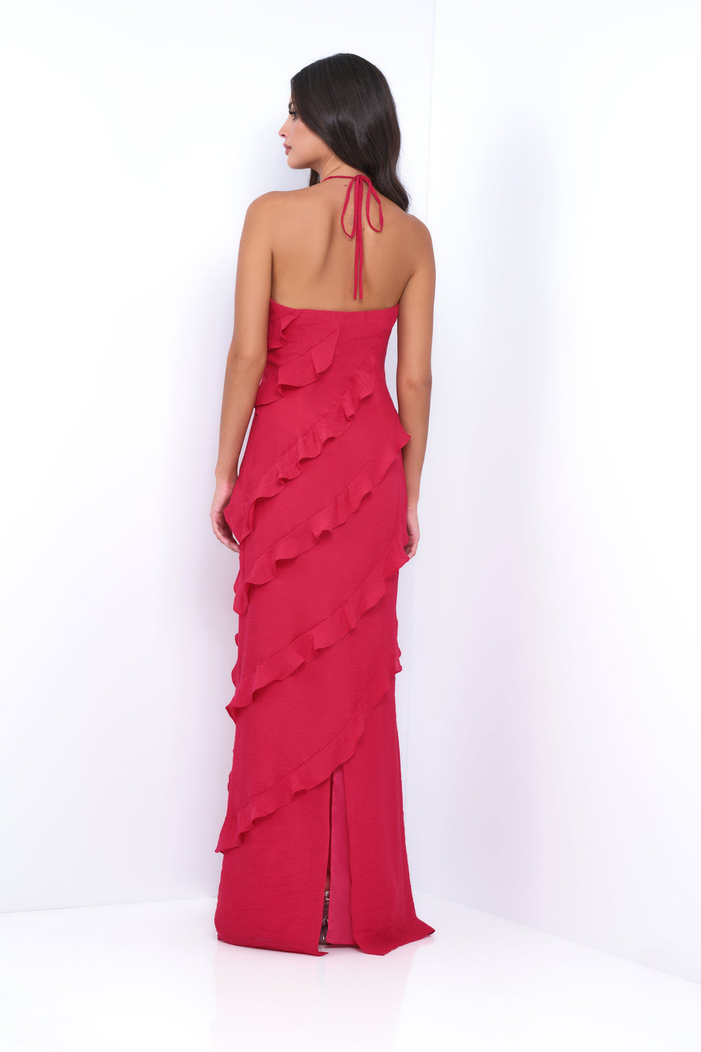Remi Red Maxi Dress - Halter Neck. Open Back. Ruffle Detail