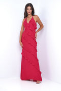 Remi Red Maxi Dress - Halter Neck. Open Back. Ruffle Detail