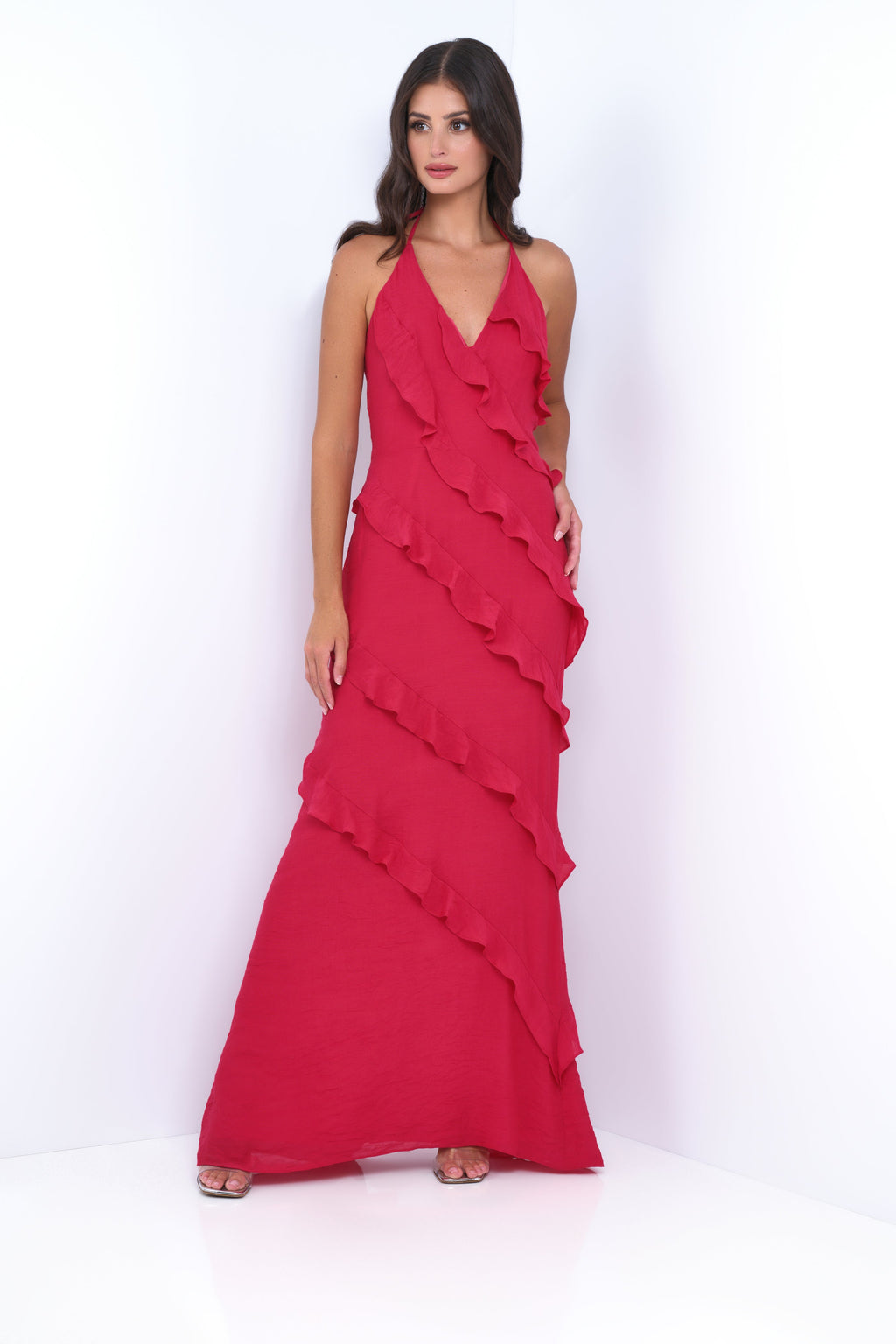 Remi Red Maxi Dress - Halter Neck. Open Back. Ruffle Detail
