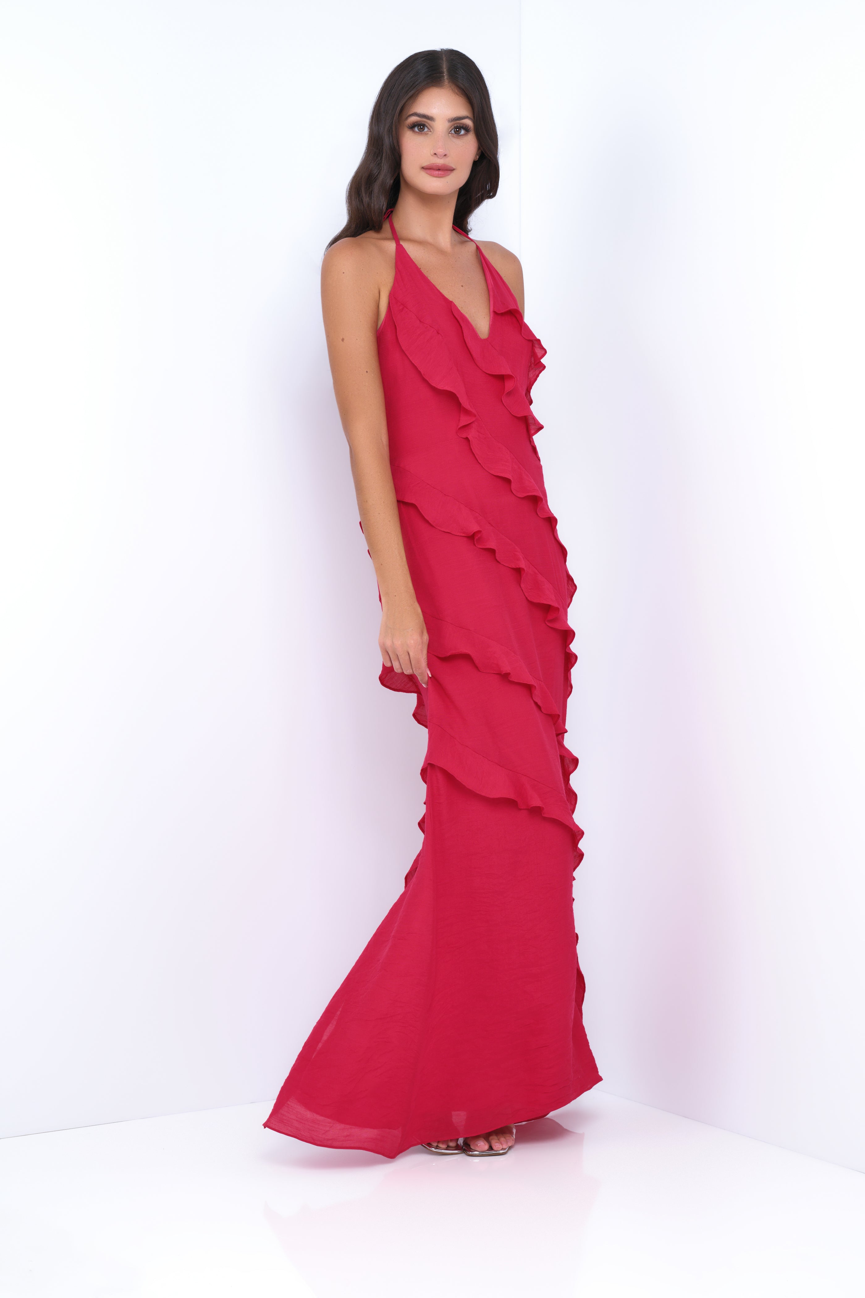 Remi Red Maxi Dress - Halter Neck. Open Back. Ruffle Detail