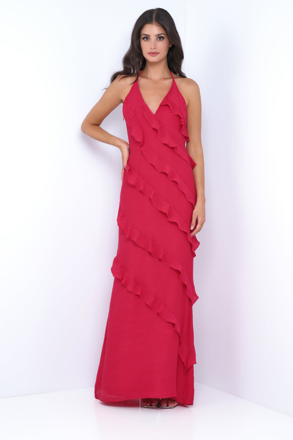 Remi Red Maxi Dress - Halter Neck. Open Back. Ruffle Detail
