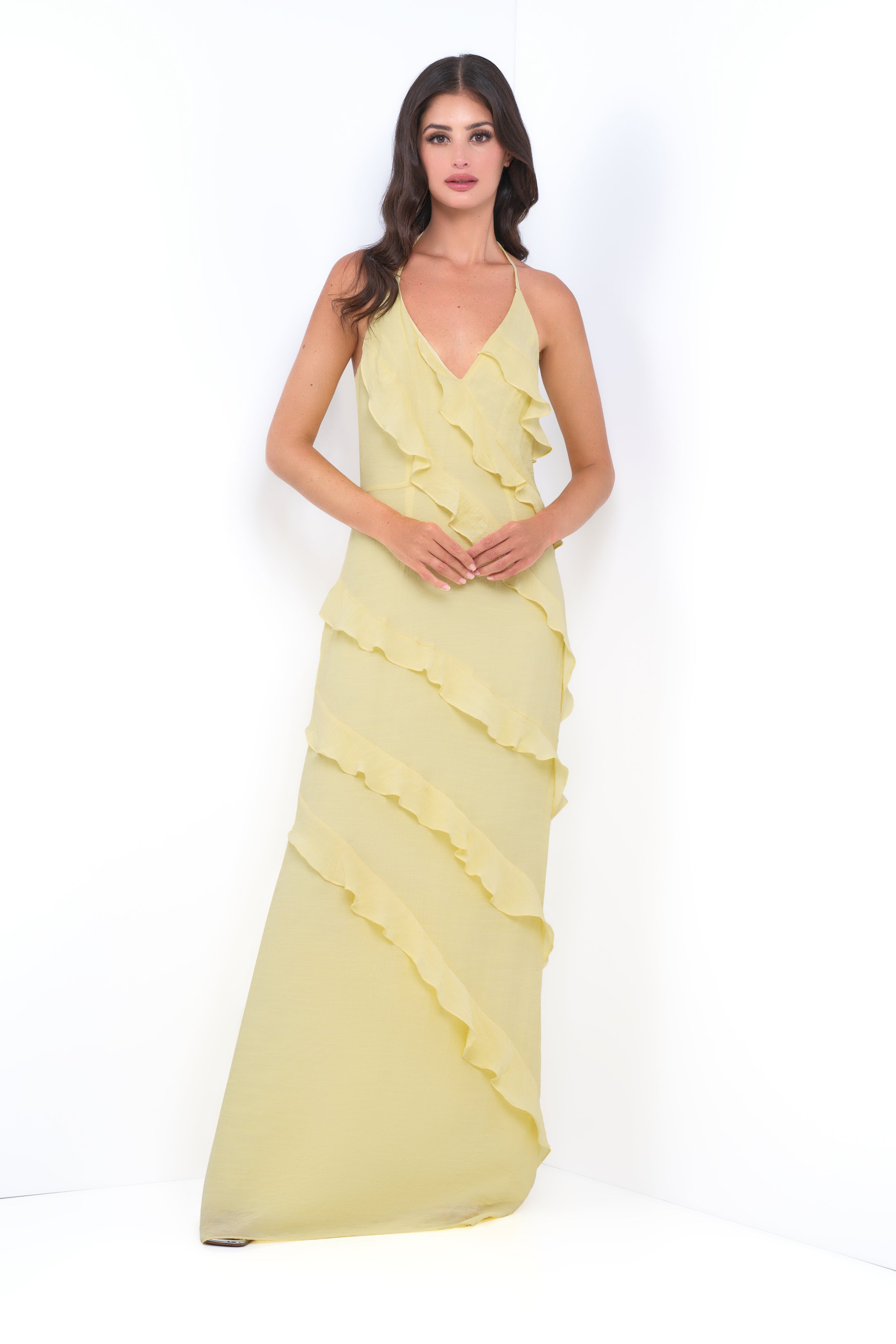 Remi Yellow Maxi Dress - Halter Neck. Open Back & Ruffle Detail