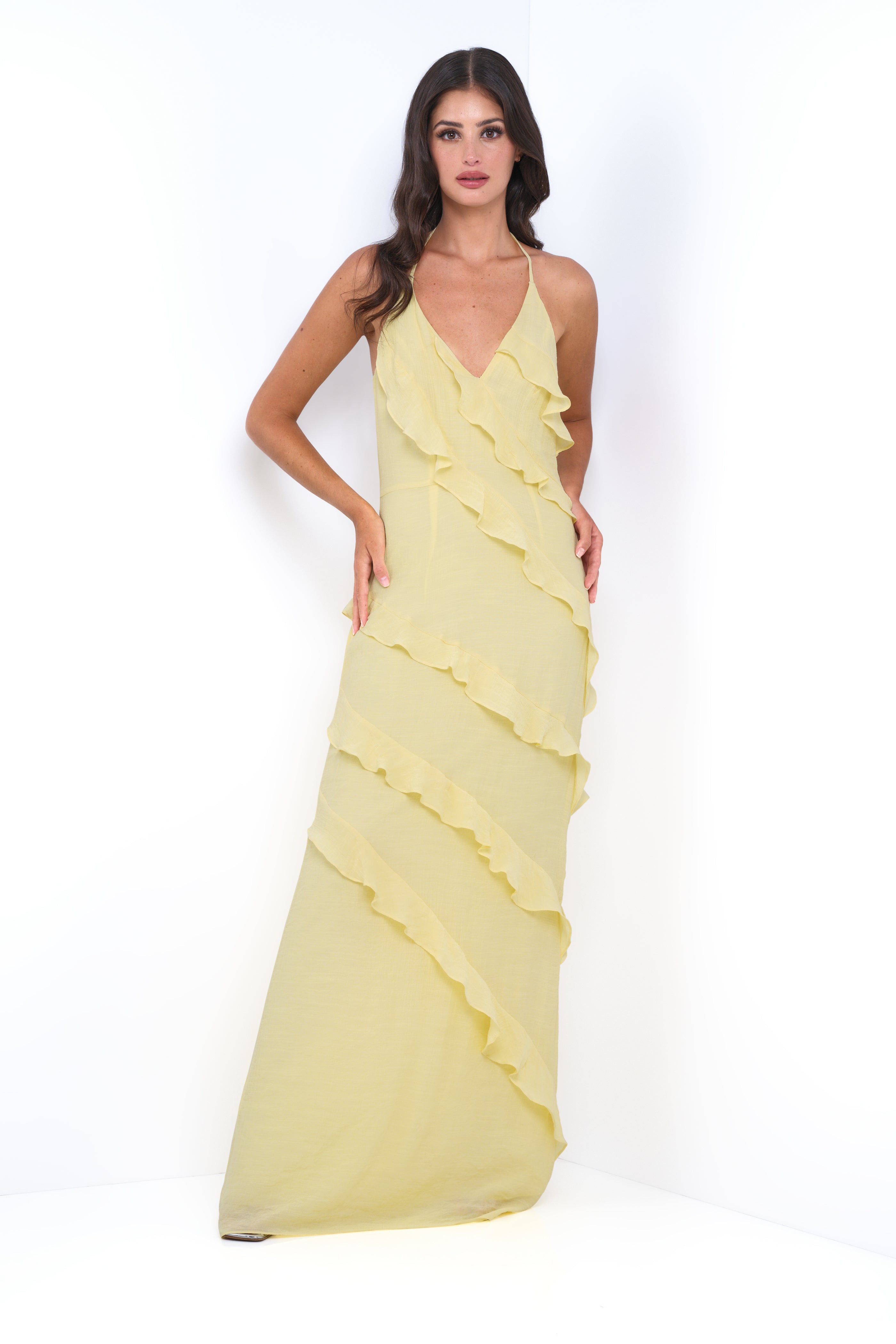 Remi Yellow Maxi Dress - Halter Neck. Open Back & Ruffle Detail