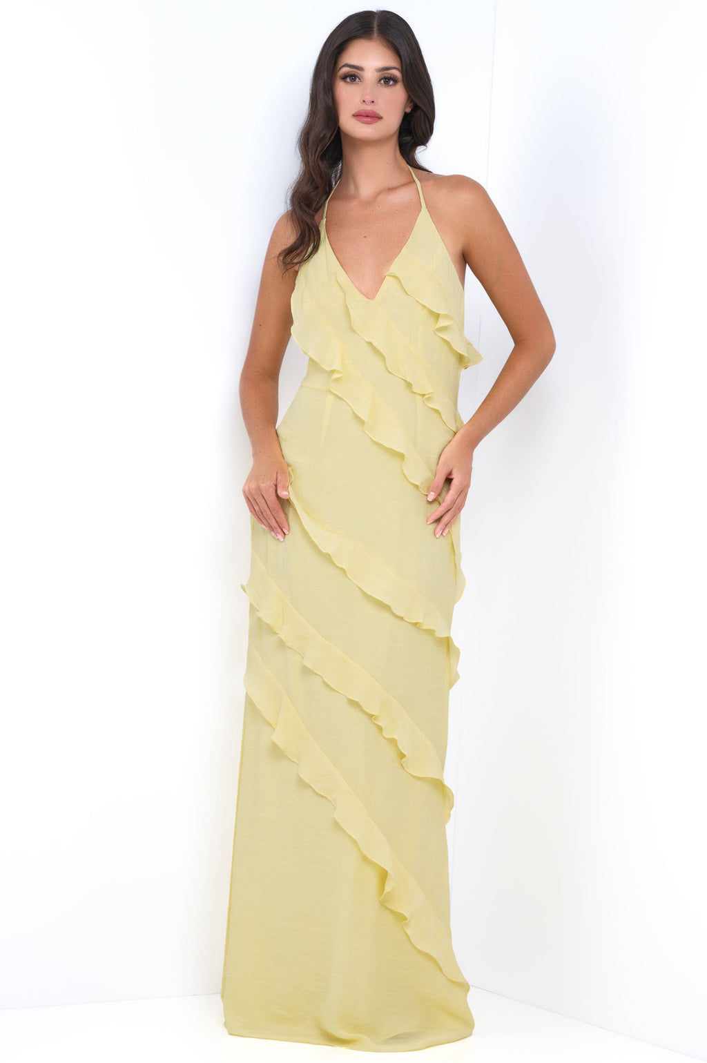 Remi Yellow Maxi Dress - Halter Neck. Open Back & Ruffle Detail