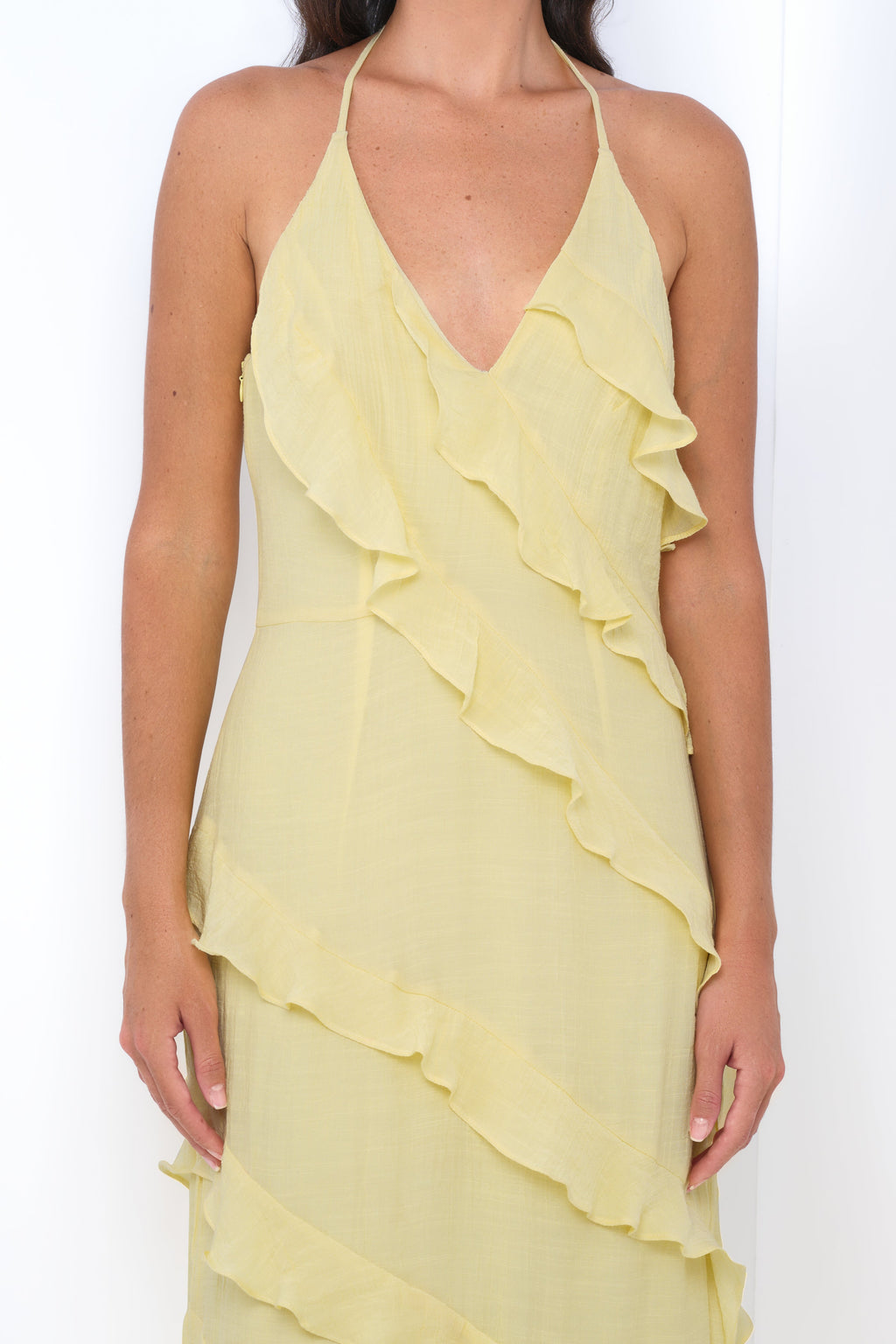 Remi Yellow Maxi Dress - Halter Neck. Open Back & Ruffle Detail