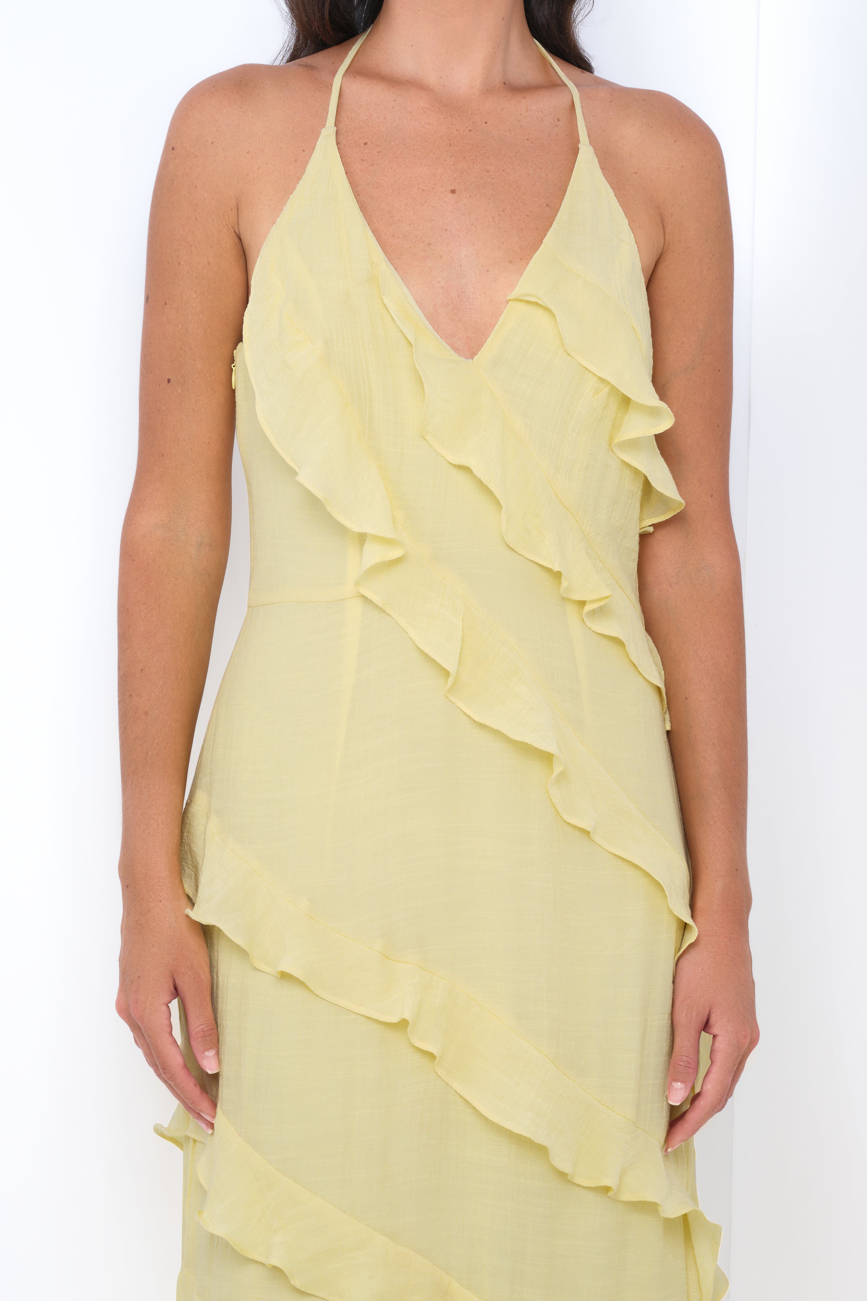 Remi Yellow Maxi Dress - Halter Neck. Open Back & Ruffle Detail