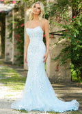 The Dutchess Gown - Light Blue - Floral Lace Dress With Straight Neckline - FINAL SALE