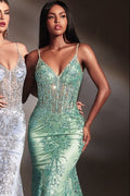 Lyra Gown - Sage - FITTED FLORAL GLITTER PRINT CORSET GOWN