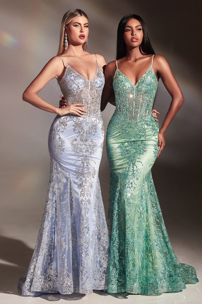 Lyra Gown - Sage - FITTED FLORAL GLITTER PRINT CORSET GOWN