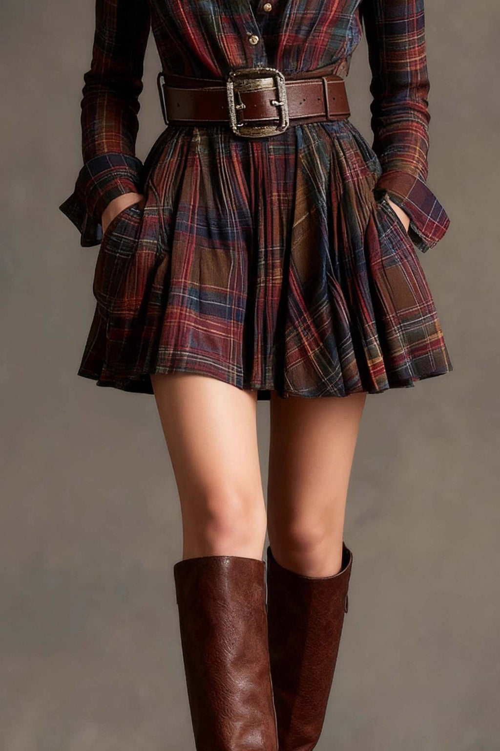 Vintage Lapel Red and Brown Plaid Mini Dress(Includes belt)