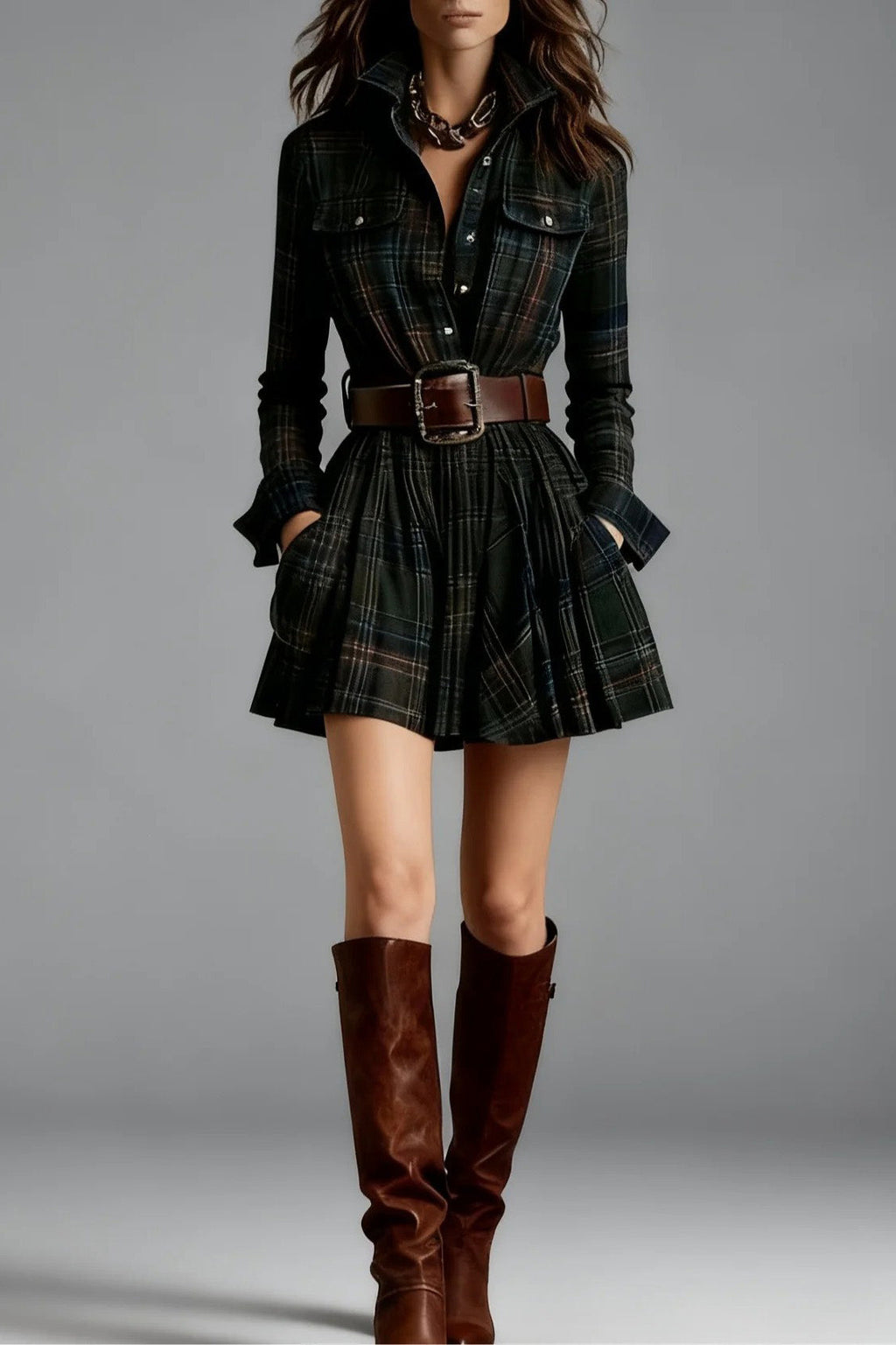 Vintage Lapel Red and Brown Plaid Mini Dress(Includes belt)
