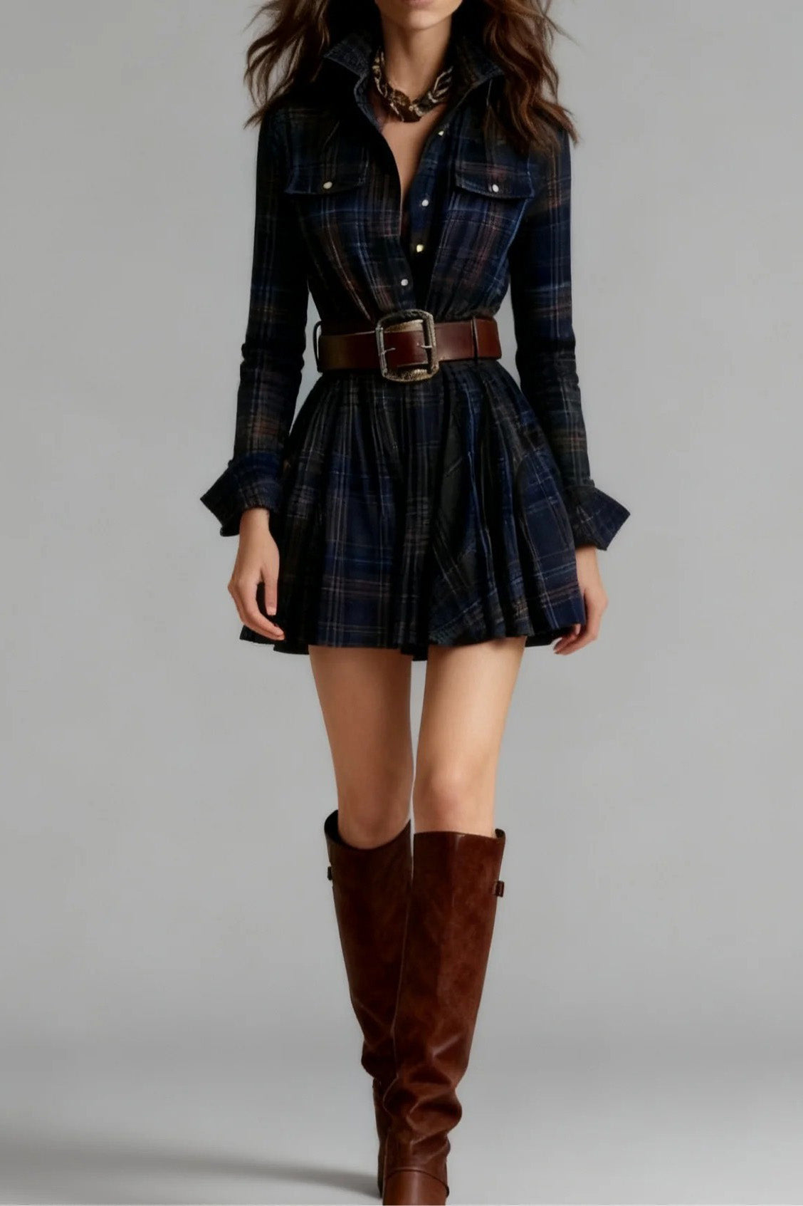 Vintage Lapel Red and Brown Plaid Mini Dress(Includes belt)