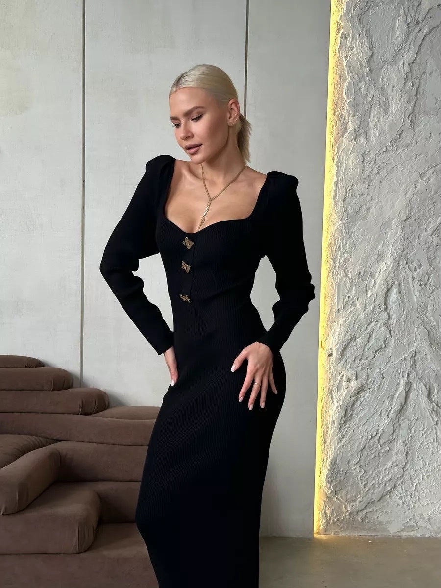 Knitted Dress Fall Slim Fit Slimming High Waist Long Sweater Hip Dress