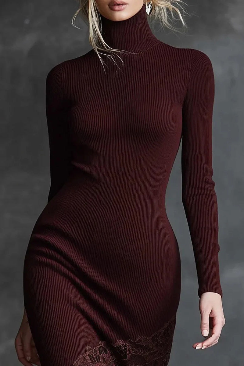 Elegant High-neck Lace Hem Burgundy Maxi Dress