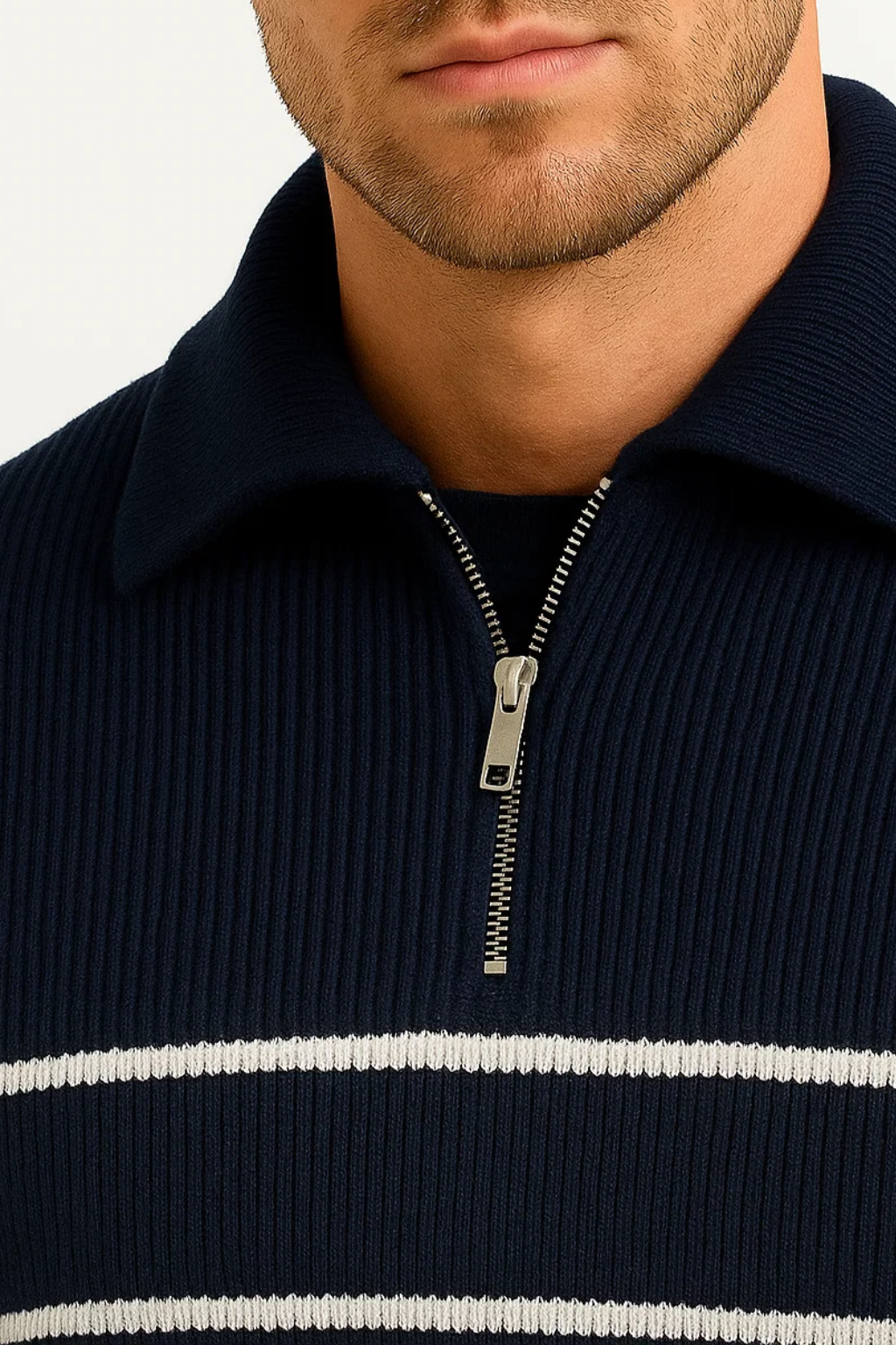 Men's  Striped Quarter Zip Sweater | Ribbed Knit | Regular Fit