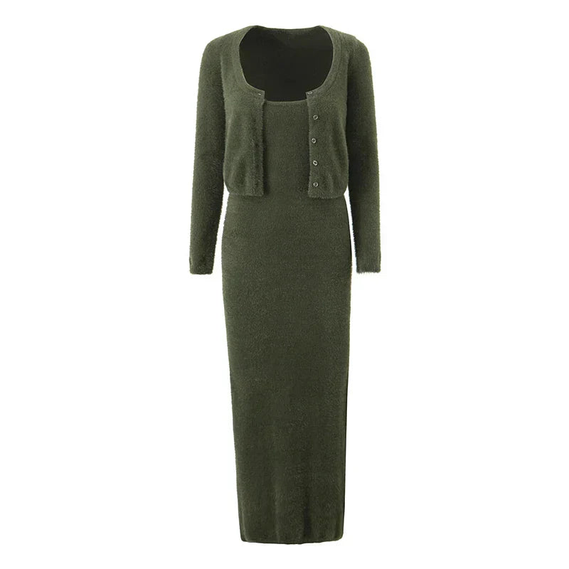 Knitted Cardigan With Camisole Dress Two-piece Set
