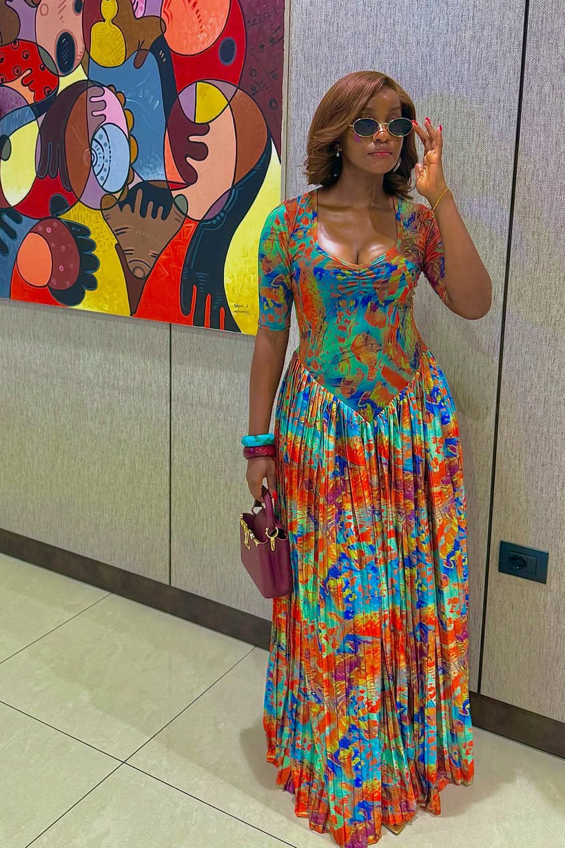 Chroma Chaos Pleated Maxi Dress
