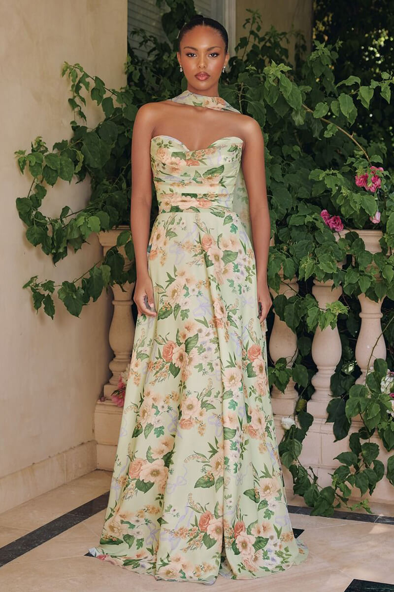 MEADOWS GOWN - STRAPLESS A-LINE SAGE FLORAL CHIFFON GOWN WITH SCARF