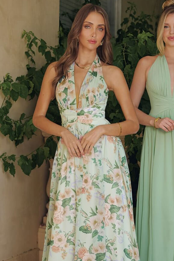 CHEYENNE GOWN - SAGE FLORAL CHIFFON HALTER DRESS