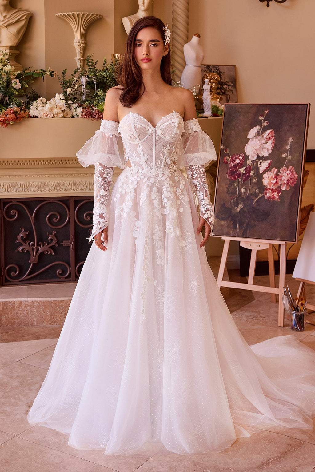 WL032 - Floral Appliqued Strapless Wedding Ball Gown - Andrea & Leo