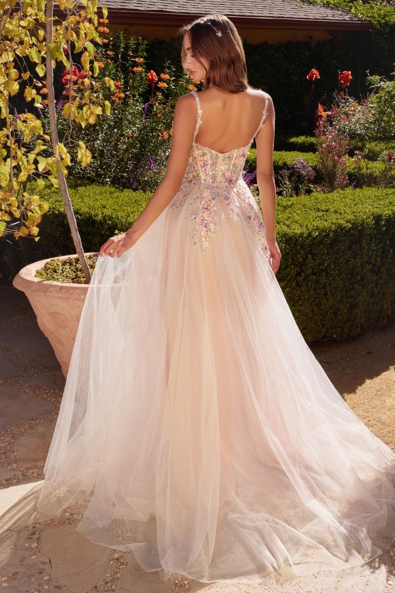A1288 - A-LINE DRESS WITH MULTI COLORED FLORAL EMBELLISHMENT - ANDREA & LEO