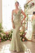 A1392 - ONE SHOULDER FULLY BEADED FLORAL MOTIF GOWN - GREENERY - Andrea & Leo